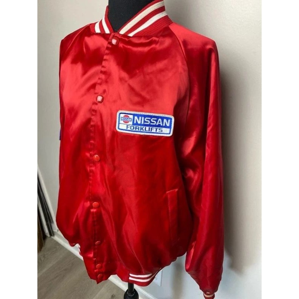 VTG 80s Auburn Sportswear Nissan Forklifts Satin Bomber Jacket USA Made XL